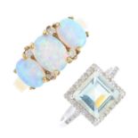 Two diamond and gem-set rings. To include a 9ct gold oval synthetic opal cabochon and brilliant-