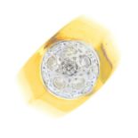 An 18ct gold diamond dress ring. The pave-set diamond dome, with tapered band. Estimated total