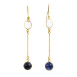 A pair of moonstone and sapphire earrings. Each designed as an oval opal cabochon collet, suspending