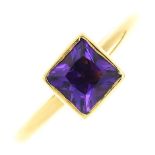 An 18ct gold amethyst ring. The square-shape amethyst, within a collet setting, to the plain band.