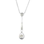 A diamond necklace. The old-cut diamond collet within in a pear-shape halo, suspended from a