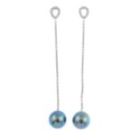 (180964) A pair of cultured pearl and diamond earrings. Each designed as a cultured pearl, measuring