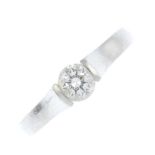 A platinum diamond single-stone ring. The brilliant-cut diamond, weighing 0.41ct, with openwork