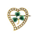 A late Victorian gold seed pearl, split pearl and enamel brooch. The green enamel and seed pearl