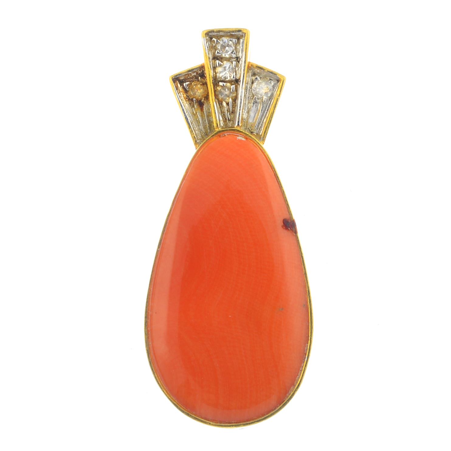 A coral and diamond pendant. The pear-shape coral cabochon, suspended from a brilliant-cut diamond
