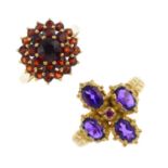 Three 9ct gold gem-set rings. To include a sapphire and opal cluster ring, a garnet cluster ring,