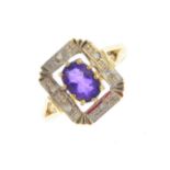 A 9ct gold amethyst and diamond cluster ring. The oval-shape amethyst, with single-cut diamond