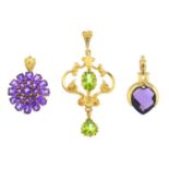 Five gem-set pendants. To include a 9ct gold peridot scrolling pendant, a 9ct gold coated topaz