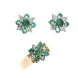 A selection of emerald and diamond jewellery. To include a 9ct gold circular-shape emerald and