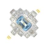 An aquamarine and diamond dress ring. The rectangular-shape aquamarine, with square-shape diamond