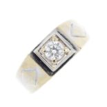 An 18ct gold diamond ring. The brilliant-cut diamond, within a square-shape panel, to the tapered