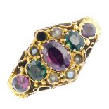 A mid Victorian 15ct gold gem-set ring. The oval-shape garnet line, with cushion-shape emerald