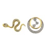 Two diamond pendants. To include a single-cut diamond and circular-shape garnet snake pendant,