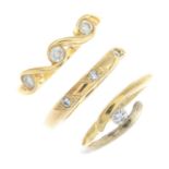 Three gold diamond rings. To include an 18ct gold diamond dress ring, a 9ct gold diamond single-