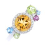 An 18ct gold diamond and gem-set ring. The circular-shape citrine and brilliant-cut diamond cluster,