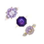 Four 9ct gold gem-set rings and a pair of earrings. To include an amethyst and diamond dress ring,