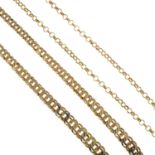 Two 9ct gold chains. The first designed as a belcher-link chain, the second designed as a