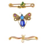Three early 20th century brooches. To include an opal, paste and turquoise insect brooch, a split