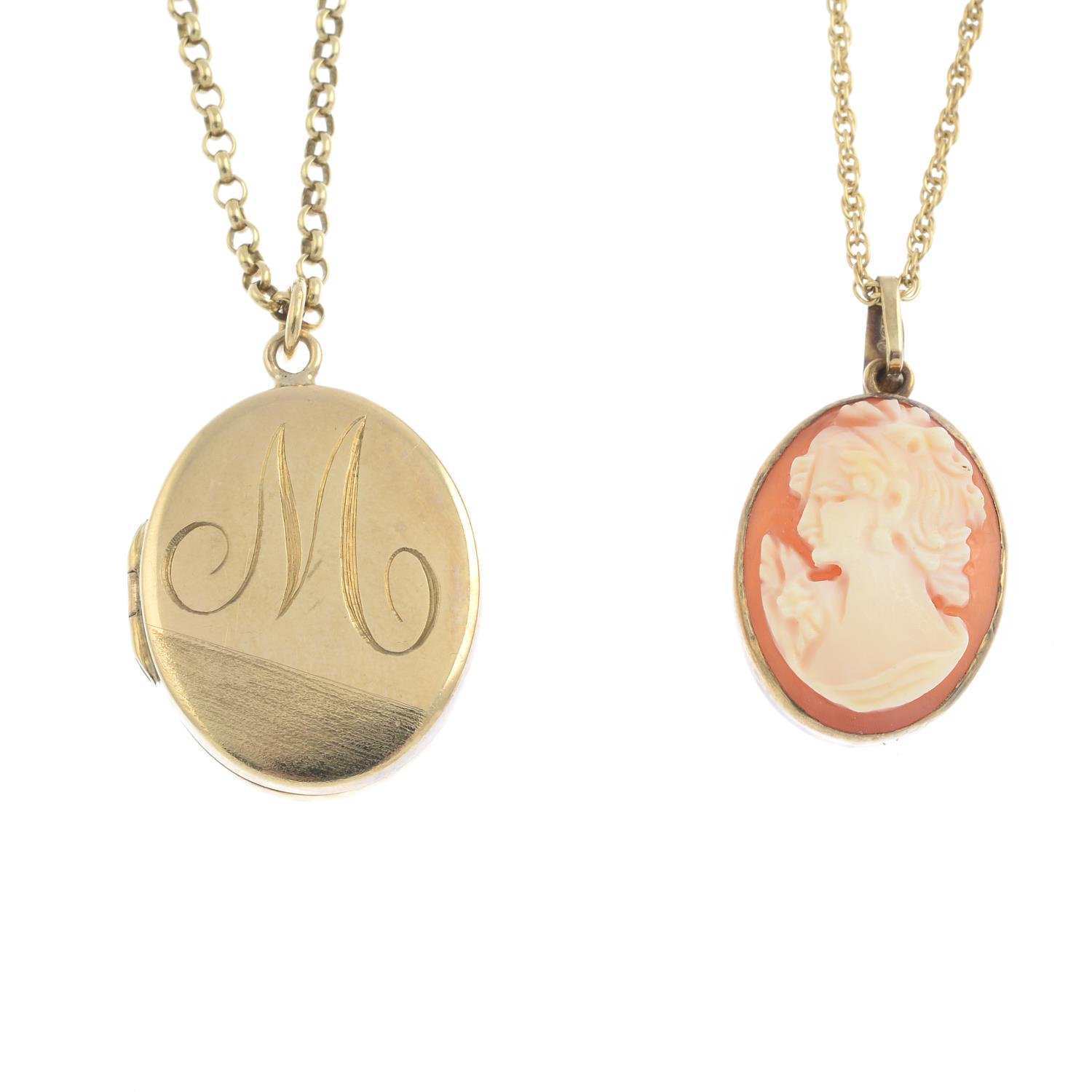 Two pendants. The first designed as a 9ct gold oval locket initialled 'M' suspended from a 9ct