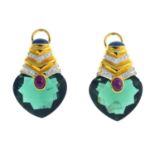 (202928) A pair of gem-set earrings. Each designed as a heart-shape green quartz, with brilliant-cut