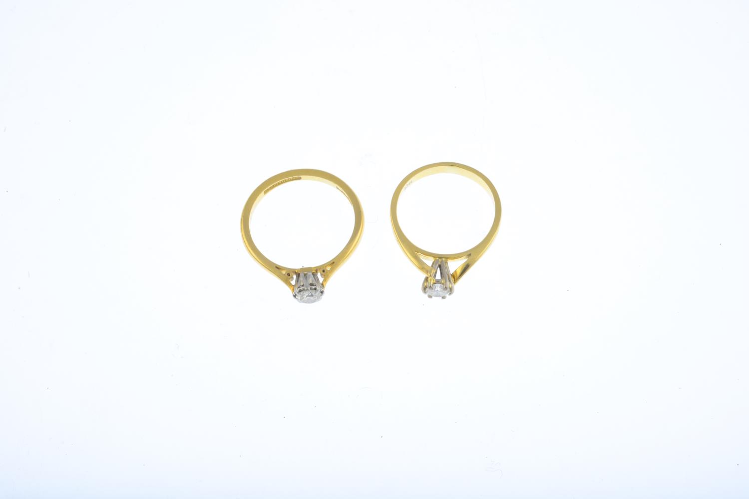 Two diamond single-stone rings. Each designed as a brilliant-cut diamond, one with tapered - Image 2 of 3