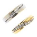 Two gold diamond rings. The first designed as an 18ct gold brilliant-cut diamond diagonal line