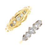 Two diamond five-stone rings. To include an early 20th century 18ct gold vari-cut diamond ring, with