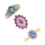 Four 9ct gold diamond and gem-set rings. To include an amethyst and diamond dress ring, a ruby and