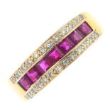 An 18ct gold ruby and diamond band ring. The square-shape ruby line, with brilliant-cut diamond line