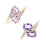 Two 9ct gold sapphire and diamond rings. Each of crossover design, the first comprising two oval-