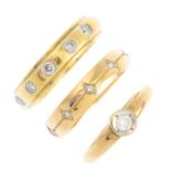 Three 9ct gold diamond rings. To include a diamond collet single-stone ring, a diamond five-stone