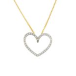 A diamond pendant. The brilliant-cut diamond openwork heart, suspended from an 18ct gold box-link