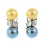 A pair of imitation pearl and diamond earrings. Each designed as two yellow and blue imitation