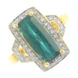 An 18ct gold tourmaline and diamond dress ring. Designed as a rectangular-shape green tourmaline,