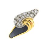A diamond and onyx dress ring. Of asymmetric design, the pave-set diamond and onyx panel head,