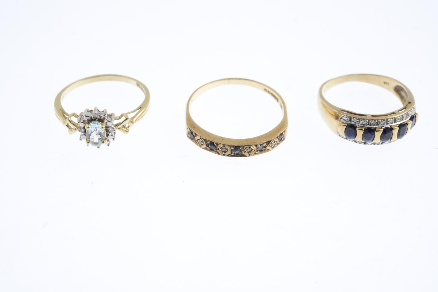 Three 9ct gold diamond and gem-set rings. To include an aquamarine and diamond cluster ring, a - Image 3 of 3