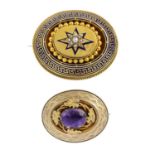 Two late Victorian gold gem-set brooches. To include an 18ct gold split pearl and blue enamel star