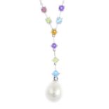 A 9ct gold cultured pearl and gem-set necklace. The cultured pearl, measuring 9.5mms, suspended from