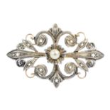 A late Victorian cultured pearl and diamond suite. To include a brooch of openwork design with