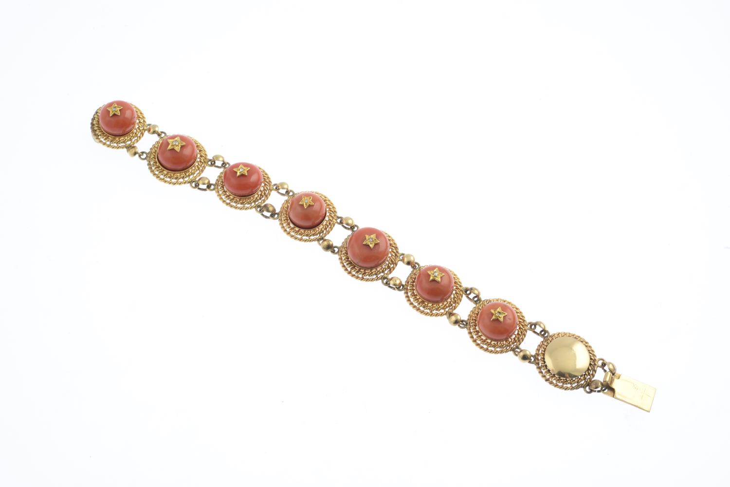 A diamond and coral bracelet. Designed as a series of rose-cut diamond stars, atop a circular - Image 2 of 3