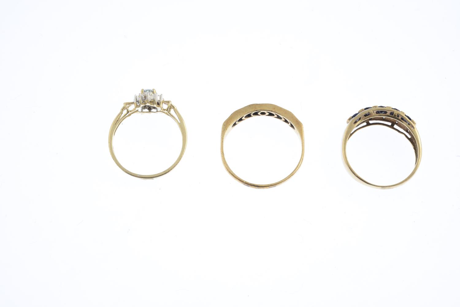 Three 9ct gold diamond and gem-set rings. To include an aquamarine and diamond cluster ring, a - Image 2 of 3