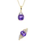 A selection of 9ct gold amethyst and diamond jewellery. To include an oval-shape amethyst and