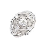 A diamond dress ring. The old-cut diamond, with brilliant-cut diamond quatrefoil surround and rope-