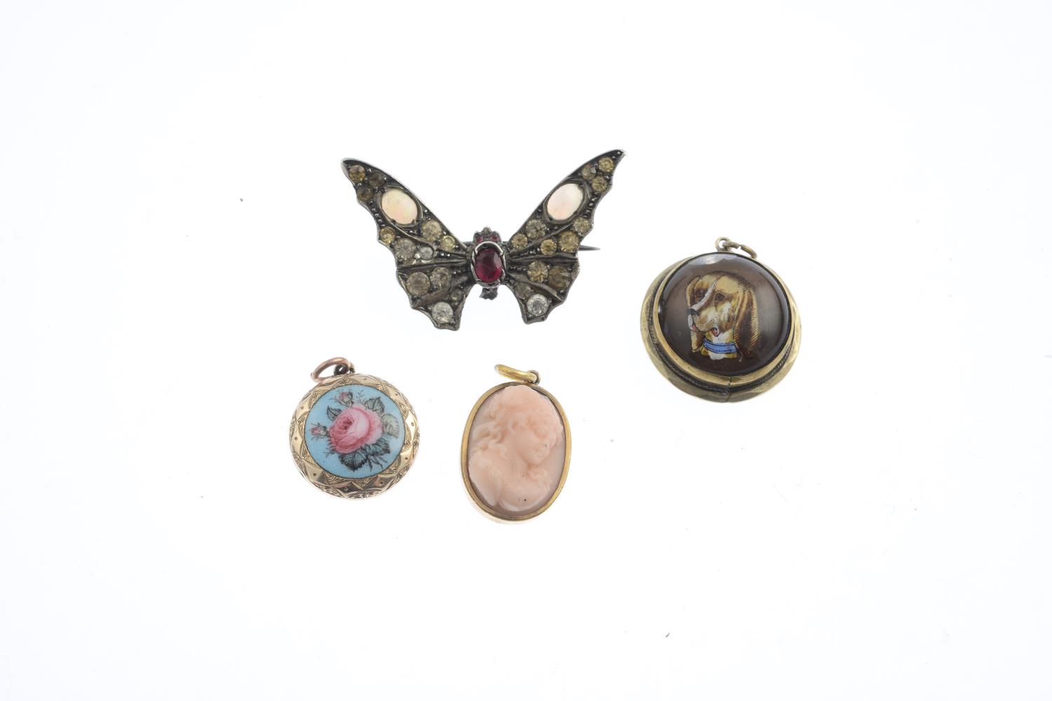 Seven items of jewellery. To include three early 19th century memorial brooches, a gem-set butterfly - Image 2 of 3