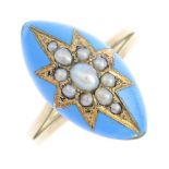 A Victorian gold, split pearl and enamel ring. The split pearl star, inset into the blue enamel