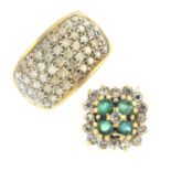 Eight diamond and gem-set rings. To include a 9ct gold emerald and diamond cluster ring, a 9ct