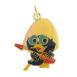 A 1960s cartoon duck pendant. With shell helmet, playing an electric guitar. Italian marks. Length