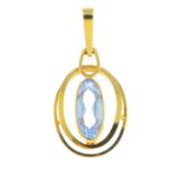A synthetic spinel pendant. Of geometric design, the oval-shape synthetic blue spinel collet, within