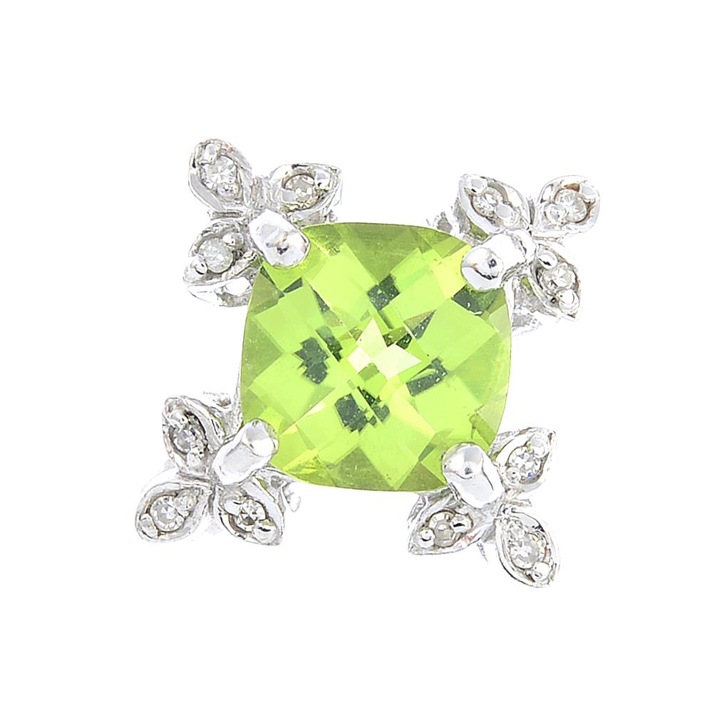 An 18ct gold peridot and diamond dress ring. The square-shape peridot, with single-cut diamond