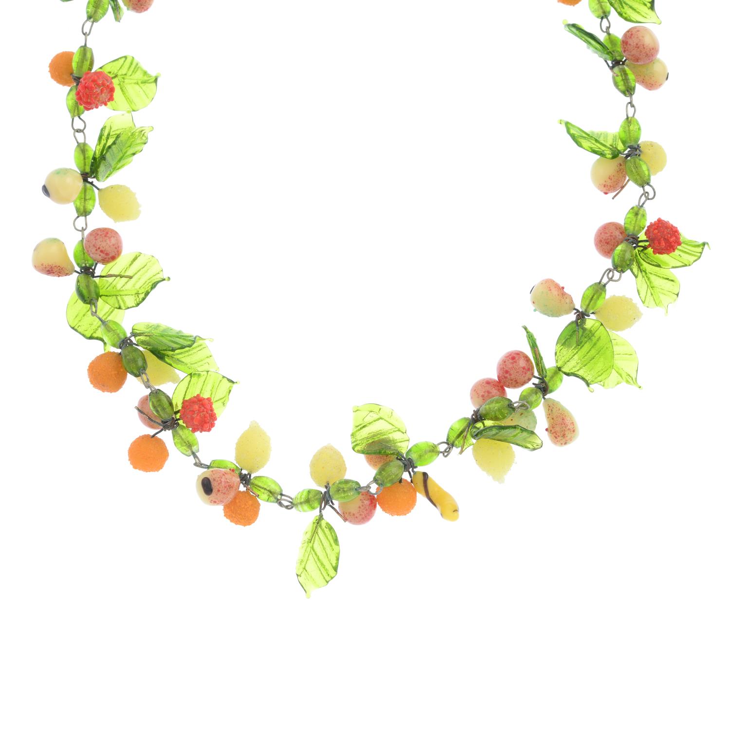 An early 20th century glass necklace. Designed as a series of bunches of fruit, with foliate